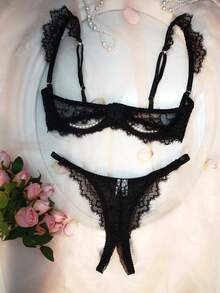 Black Cap Sleeve Comfortable Lace Sheer Pearl Decor Sexy Lingerie Set For Women