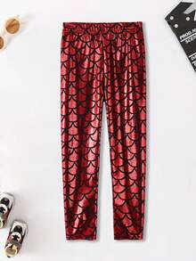 女孩美人鱼鳞片闪亮紧身打底裤，修身日常和派对穿着，彩虹色美人鱼亮片裤 - 紅色 - 查看 2