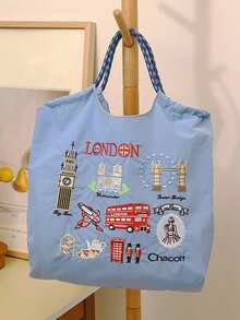 1pc New Fashion Embroidered Pattern Nylon Large Capacity Foldable Shopping Bag, Suitable For Commuting, Party, Adjustable Shoulder Strap Tote Bag, Bags For Ladies Fashionable