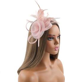 Fascinators Hats Women,Tea Party Fascinator Hair Clip With Feathers Wedding,Derby Hats Headbands - Ha9462-粉紅色 - 查看 2