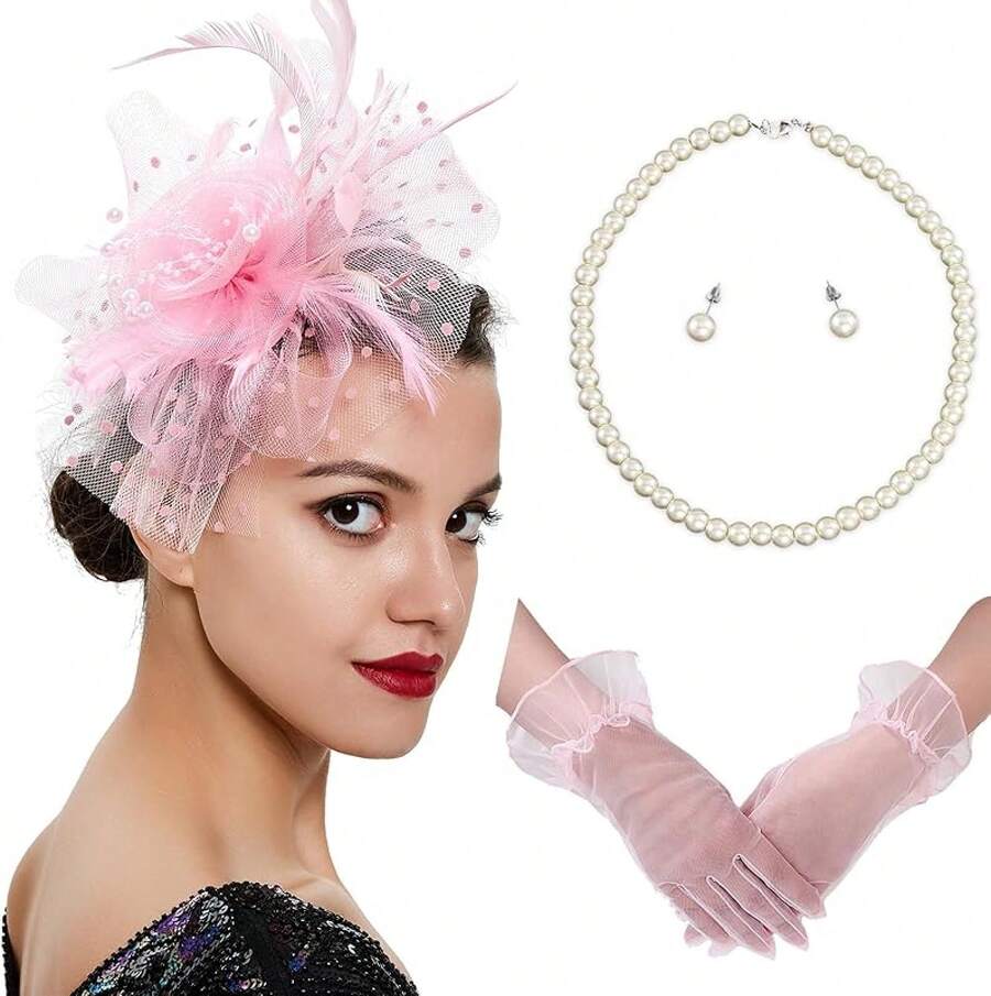 Ibeauti Fascinator Hats With Screentouch Lace Gloves Set Women Tea Party Cocktail Wedding Derby Headwear Short Gloves - 02 粉紅色 - 查看 1