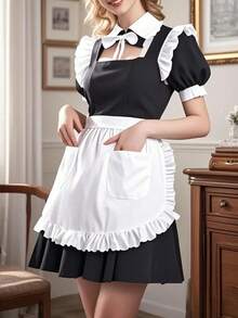 Cute Ruffle Waist Apron Elegant White Polyester Kitchen Apron With Pockets & Adjustable Ties (26"X17") For Cooking, Baking, Maid Cosplay & Cafe Servers - White - View 6