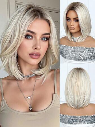 12-tums gradient guld naturlig böjd kort bobperuk, elegant damperuk, värmebeständig syntetisk peruk, cosplay, högtidsmode för vardag, lämplig peruk, halloween- och julklapp