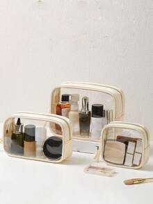 1 pieza Bolsa de aseo transparente impermeable, de gran capacidad y portátil para maquillaje, viajes al aire libre, natación, adecuada para guardar ropa interior, toallas, ropa en la maleta; tamaño mediano para cosméticos, lápiz labial; tamaño pequeño para cargadores, lápiz labial, fácil de llevar en el equipaje - Beis - Ver 6