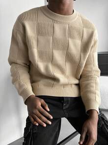 1pc Men's Solid Plaid Round Neck Sweater, Casual, Sports, Fitness, Fashion, Versatile, Outdoor, Street Style, Loose, Textured Knit, Autumn/Winter