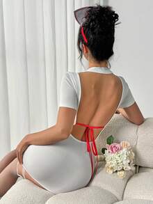 cimmuovere Women's Sweet & Sexy Nurse Cosplay Uniform, Backless Bowknot Design, Suitable For Live Streaming Role Play Dress - White - View 2