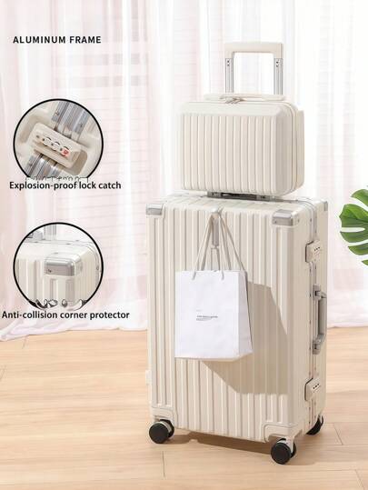 Conjunto de mala de mão rígida branca multifuncional de 18" e 20" + estojo de cosméticos, mala de avião com porta-copos, trava com senha, gancho, item essencial de viagem portátil para o inverno, unissex para estudantes, presente de Natal, Dia dos Namorados, Ano Novo, espaçosa, rodas macias, à prova d'água, resistente a arranhões