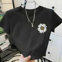 Women's Round Neck Cropped T-Shirt In Cotton Fabric Summer Flower Launch Light And Modern - 黑色 - 查看 1
