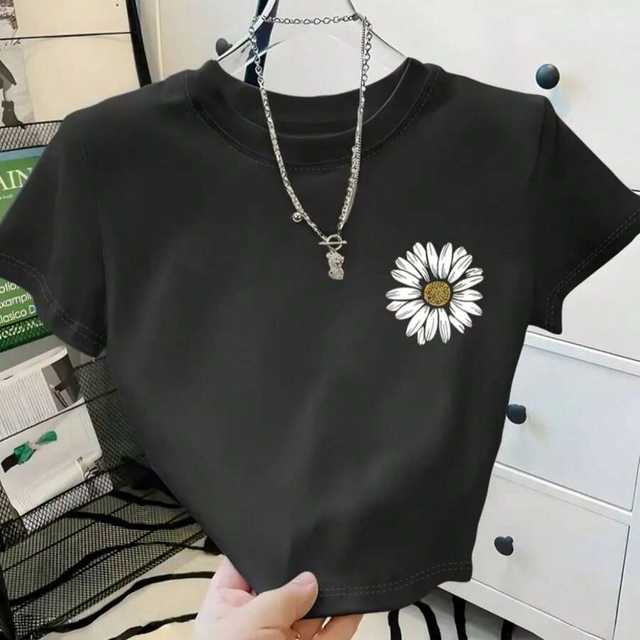 Women's Round Neck Cropped T-Shirt In Cotton Fabric Summer Flower Launch Light And Modern - 黑色 - 查看 1