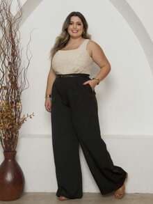 Plus Size Wide Leg Pants Tailored Fabric With Belt High Waist Feminine Shapes The Butt Comfortable Elegant Versatile Size Exg G1 G2 G3 New Fashion Mother's Day - 黑色 - 查看 2