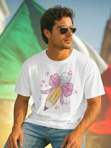 Maglietta Uomo T Shirt Hand Drawn Pencil with Pink Bow and Stars Illustration Moda Casual Design Unico Idea Regalo Qualità Offerta Speciale