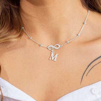 1個 クラシックシンプルハート インフィニティシンボル イニシャル ペンダント シルバーステンレススチールビーズチェーンネックレス レディース用