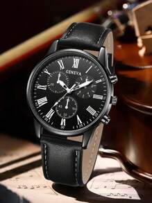 4件套男士黑色PU皮表带休闲商务罗马刻度石英表、手链、项链、戒指首饰套装，适合日常佩戴或作为父亲节礼物 - B - 查看 2