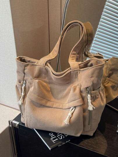 Bolso bandolera de pana de gran capacidad y unicolor con múltiples bolsillos, bolsa de compras ideal como regalo para el Día de la Madre. Bolsa plegable adecuada para la escuela, el trabajo y los viajes. Mochila para estudiantes graduados/adolescentes