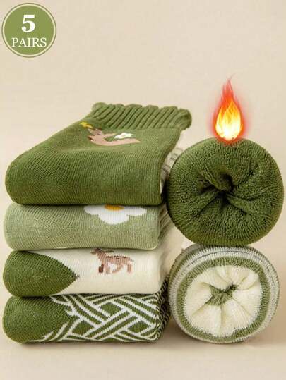 5 Pairs Women's Warm Thickened Plush Lined Socks With Floral, Deer, Striped Patterns, Comfortable For Sports, Home, Casual, Commute In Autumn/Winter