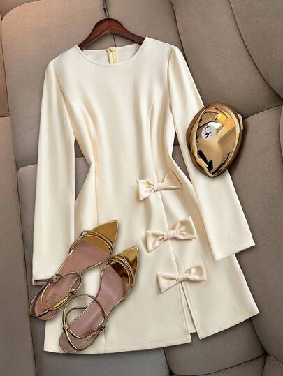 Women's Long Sleeve Short Dress With Slit Hem And Bow Decor