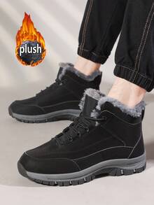 Winter New Men's Boots, Flat Low-Top Men Boots, Outdoor Hiking Shoes, PU Leather Men's Leather Boots, Front Lace-Up Ankle Boots, Rubber Sole Anti-Slip Work Boots, Fleece Lining Warm Waterproof Snow Boots