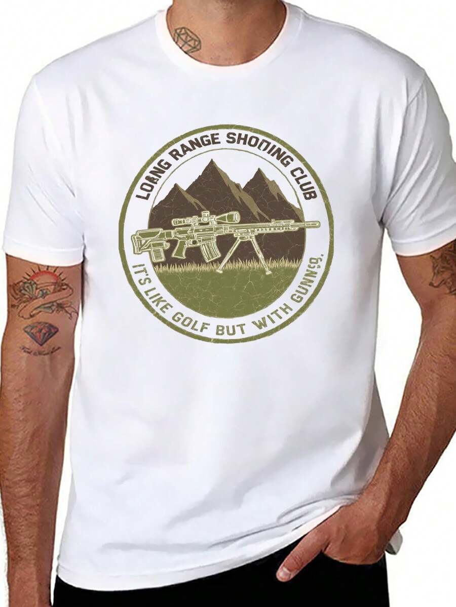 S~5XL Classic Cotton Tee | Unisex American Size | 180gsm Fabric | Men's Vintage Military Sniper Graphic T-Shirt Funny Long Range Shooting Design Casual Wear Gift For Gun Enthusiasts Print | Beach & Casual Wear - 白色 - 查看 1