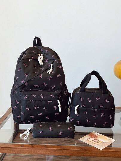 3 Pcs Fashionable Preppy Bow Print Backpack Set,Backpack&Lunch Bag&Pencil Case,With Laptop Compartment Bookbag,Adjustable Strap Bookbag Set,Multi Pockets High-Capacity School Bag Set Multifunctional Daypack Set Idea For Girls/Teens/College Students/Graduate/Graduate For Daily Use/Vacation/Travel/Back To School