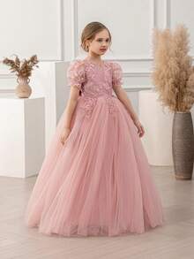 少女粉色蕾丝边深V露背网纱毕业优雅公主裙，适合女孩穿着，可用于生日派对、婚礼、花童、伴娘、特殊场合和庆典、毕业典礼等。 - 粉色 - 查看 7