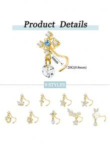9 PCS Dangle Nose Rings - L Shaped For Women, 20G Stainless Steel Nose Rings Studs With CZ Cross, Crown, Flower, Heart Dangling Piercing Jewelry - Multicolor - View 7