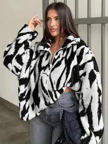 Damen lässige, modische Zebra-Muster Fleecejacke, ganzflächiger Muster, Reißverschluss, locker geschnitten, Langarm Wintermantel mit Futter, Stehkragen, warme Oberbekleidung