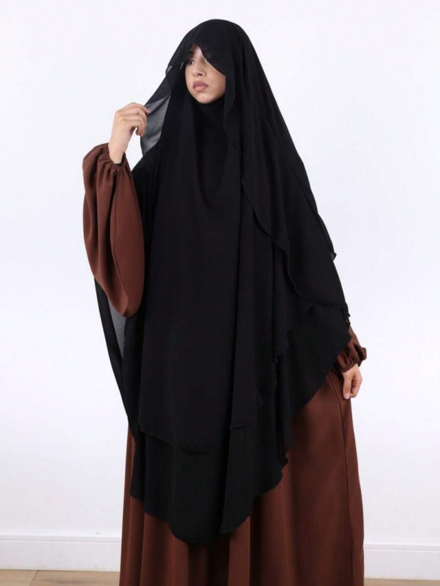 2 Layer Chiffon Khimar With Cape, Raspberry Color, Suitable For Women's Daily Wear And Prayer, All Season For Dress