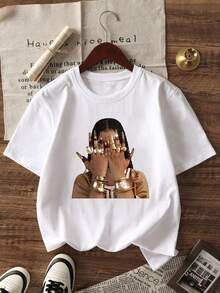 1 件女童休闲字母印花圆领短袖 T 恤，夏季学生年轻休闲装 - 简约英文字母风格 T 恤激发想象力和自我表达 - 白色 - 查看 5