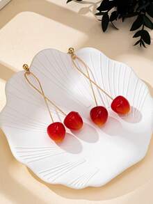 1 Pair Cherry Fruit Long Earrings, Suitable For Daily Wear - Red - View 4