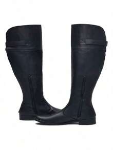Women's Leather Over-The-Knee Riding Boot, Low Heel, High Shaft, Calf Adjustment With Elastic, Long Shaft Boot - màu đen - Xem 4