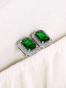 Pendientes de botón de plata de ley 925 con circonita cúbica geométrica cuadrada, joyería de alta calidad para mujeres - Plateado - Ver 5