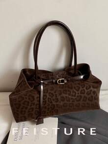 1pc Fashion Leopard Print Shoulder Bag, Large Capacity Tote Bag For Daily Commute And Shopping, Strap Decor, Magnetic Closure, Bags For Ladies Fashionable, New Fall Winter Tiger Print Bag For Women - Coffee - View 4