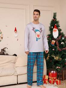2pcs Men's Christmas Pajama Set, Cartoon Deer Pattern Comfortable Round Neck Long Sleeve Top And Loose Striped Pants - Multicolor - View 5