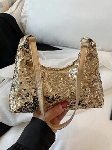 时尚亮片装饰休闲单肩背包，适合女士，百搭大方的白色背包。1 件绗缝拉链开合 PVC 亮片手提包，新款闪亮腋下包，大容量派对晚宴包，时尚链条斜挎包，适合女性外出、旅行、聚会、宴会 - 金色 - 查看 6