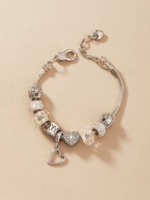 1pc Heart Shaped Pendant, Crystal Beads, Rhinestone Decor Bracelet