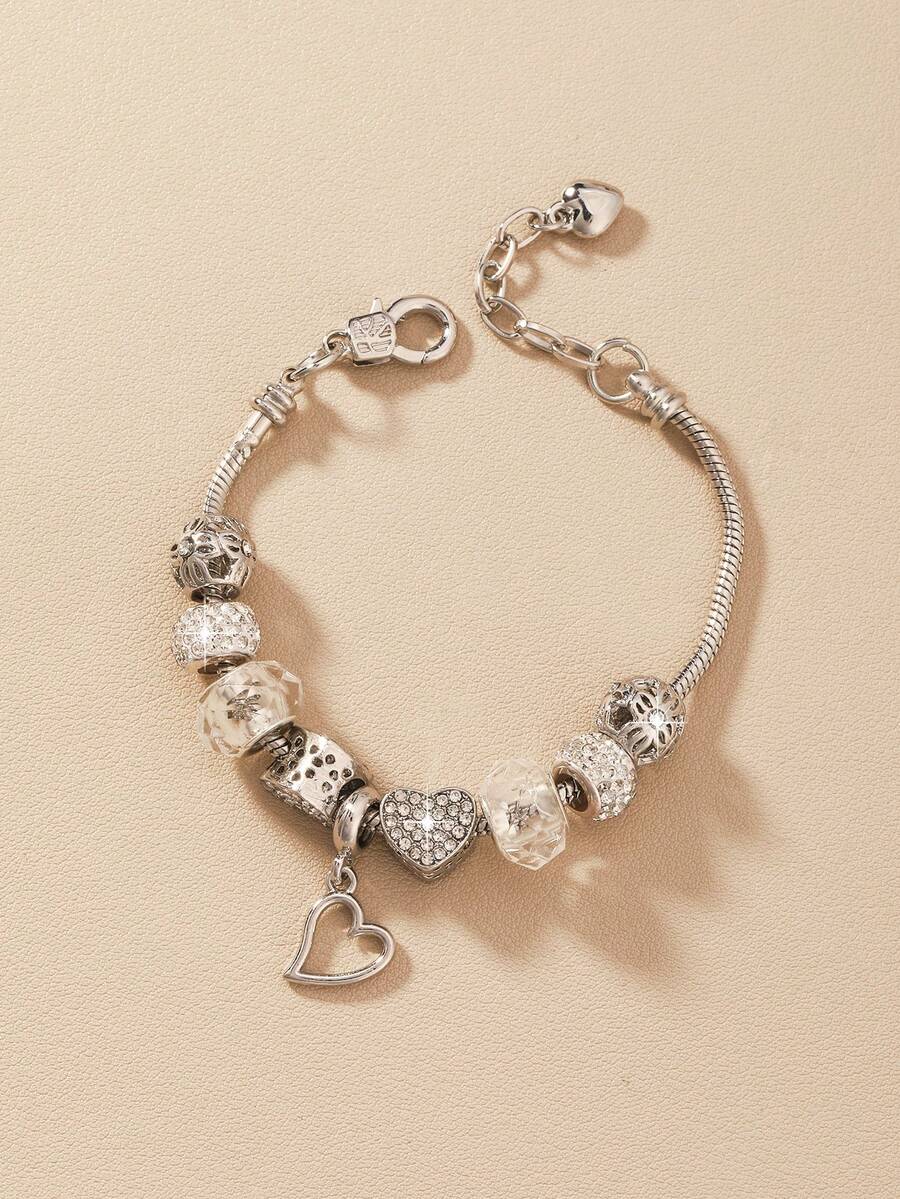 1pc Heart Shaped Pendant, Crystal Beads, Rhinestone Decor Bracelet