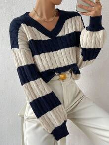 Women's Fall Two-Tone Cable Knit Drop Shoulder Long-Sleeve Sweater Top Clothing - Multicolor - View 5