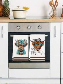 2Pcs Kitchen Towel Watercolor Floral Highland Cow Country Style Farmhouse Dish Towel Kitchen Dishwashing Hand Tea Towel Kitchen Dry Dish Towel Suitable For Kitchen Restaurant Dining Table