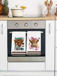 2Pcs Kitchen Towel Watercolor Floral Highland Cow Country Style Farmhouse Dish Towel Kitchen Dishwashing Hand Tea Towel Kitchen Dry Dish Towel Suitable For Kitchen Restaurant Dining Table