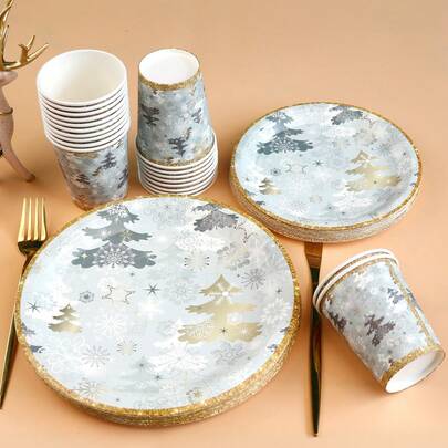 Christmas Green Christmas Tree & Snowflake Christmas Themed Party Tableware Set, Includes 9-Inch, 7-Inch Paper Plates, Dessert Plates, Paper Cups