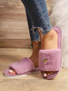新款女士简约时尚爱心装饰毛绒露趾拖鞋，舒适蓬松家居拖鞋，适合室内/卧室/客厅穿着，春秋季皆宜。 - 紫色 - 查看 5