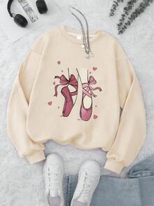 Tween 女童宽松百搭设计小众芭蕾印花圆领宽松毛衣秋冬长袖打底衫杏色上衣 - 杏色 - 查看 2