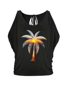 Plus Size - Women'S Oversized T-Shirt With Tropical Palm Tree & Sunset Design - Casual, Elegant Strapless Top In Black, Perfect For Summer Outfits Or Gifts, Summer Fashion Top | Tropical Print Top | Asymmetrical Hemline, Tropical Dress - 黑色 - 查看 3