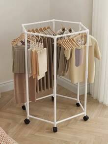 6-Sided Rotating Clothes Rack With Wheels - Sturdy Metal Tube, Freestanding Hanger, Portable Design, Efficient Clothing Storage And Display, Black/White, Laundry Room Organizer | Hexagonal Design | Metal Structure, All-Season Laundry Organizer | Hexagonal Shape - Multicolor - View 6