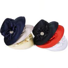 Church Hats For Women Derby Hats 1950s 20s With Rhinestone Wide Brim - 黃色 - 查看 4