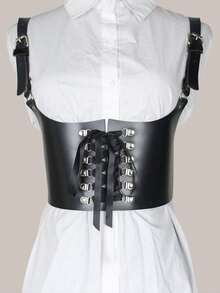 1pc New Fashionable Medieval Retro Halloween Women's Imitation Leather Wide Waist Belt, Simple Tight Fit Wide Version Strap, Solid Color PU Leather