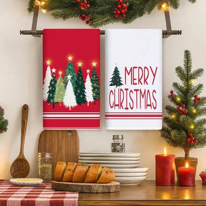 2 件圣诞快乐洗碗巾、圣诞树图案厨房巾、用于烹饪、烘焙和乔迁的圣诞装饰茶巾、圣诞快乐装饰、圣诞节家居装饰品、厨房用品
