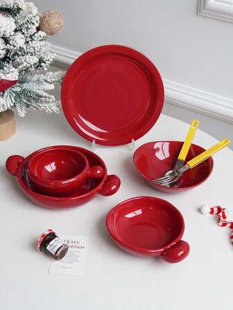 1 件圣诞红陶瓷餐具套装，经典红色双耳盘和单耳碗，优雅的高品质沙拉盘，适合圣诞装饰、烛光晚餐、派对用餐、礼物、每日早餐碗和酸奶碗