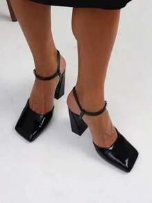 Women Elegant Sandals Square Toe Chunky High Heels Ankle Buckle Strappy Fashion Dressy Backless Versatile Women'S Shoes Summer Autumn - 黑色 - 查看 3