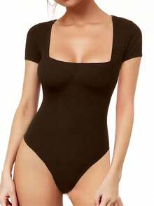 ACME MADE IN CHINA 3-Piece Suplex Bodysuit For Women, Square Neck, Short Sleeve, Thick Fabric - kit3pcs marrom/Off/preto - Xem 5